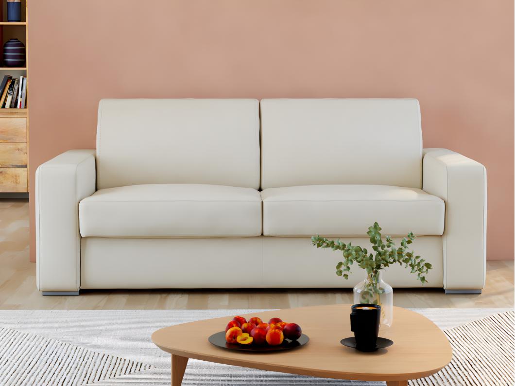 Divano letto 3 posti a ribalta 100% Pelle di bufalo Bianco Materasso 18 cm - DELECTEA II