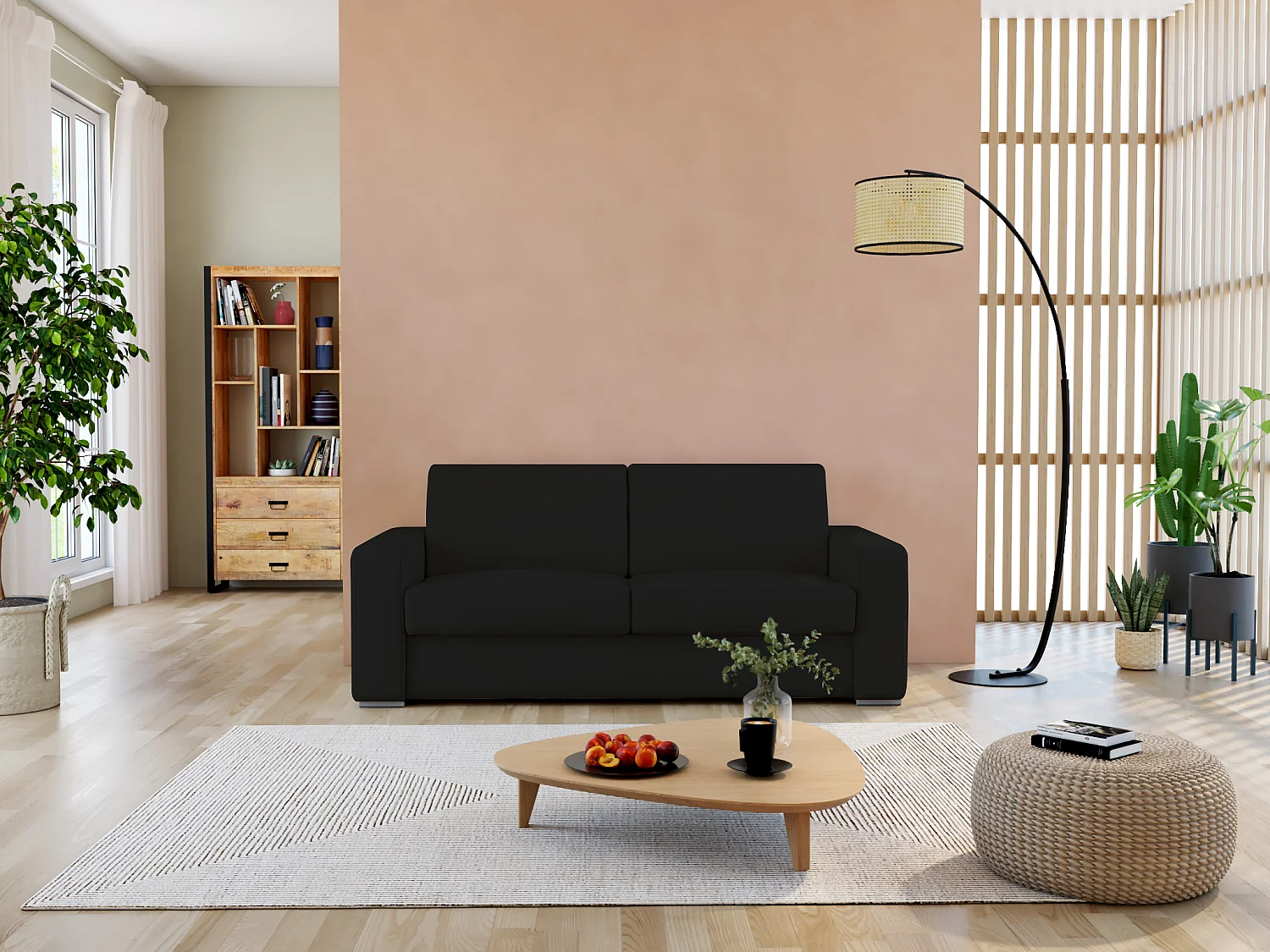 3-sits bäddsoffa express 100% svart buffellädersoffa med 16 cm madrass DELECTEA II