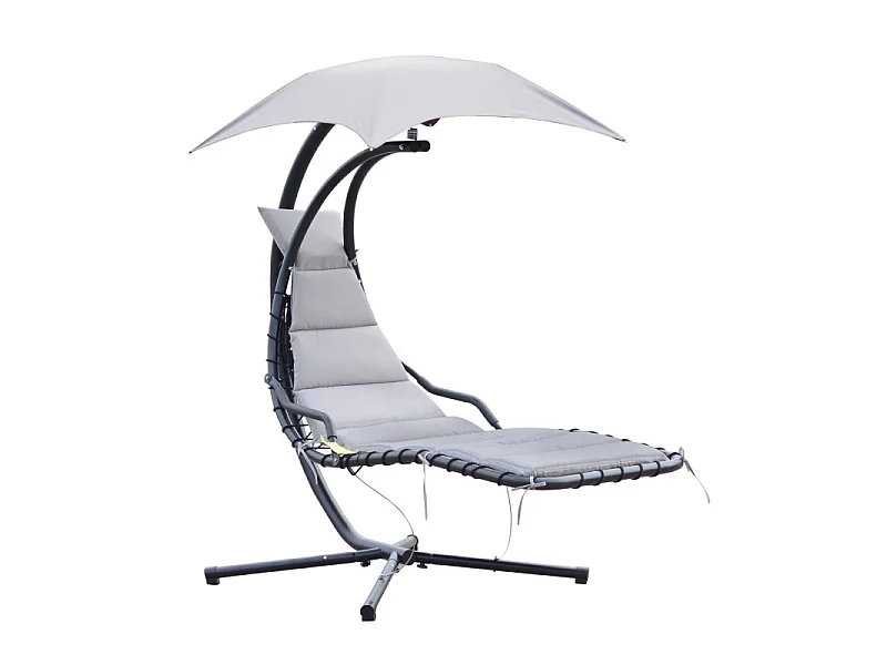 Transat d’extérieur avec matelas et pare-soleil gris.