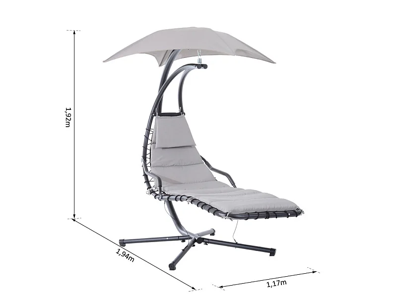 Transat d’extérieur avec matelas et pare-soleil gris.