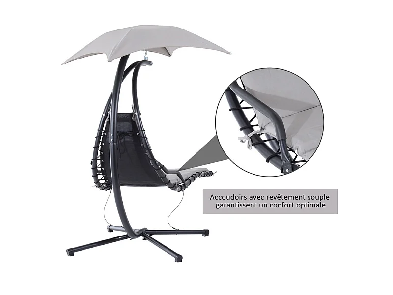 Transat d’extérieur avec matelas et pare-soleil gris.
