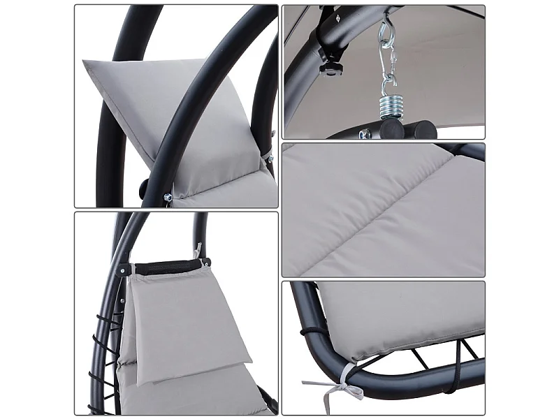 Transat d’extérieur avec matelas et pare-soleil gris.