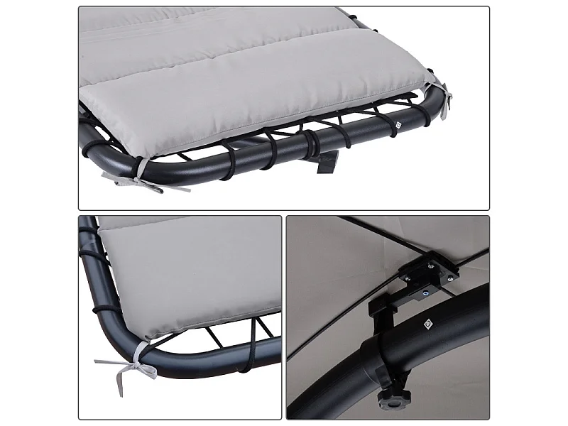 Transat d’extérieur avec matelas et pare-soleil gris.