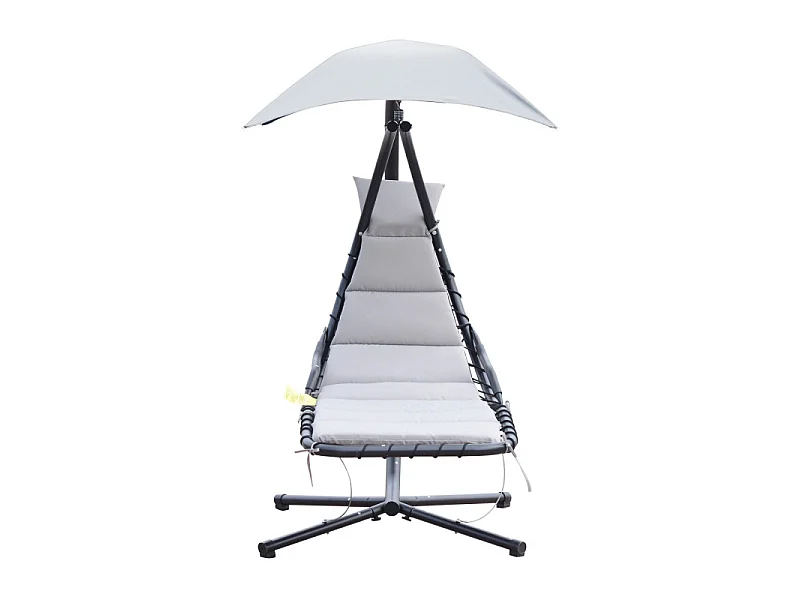 Transat d’extérieur avec matelas et pare-soleil gris.
