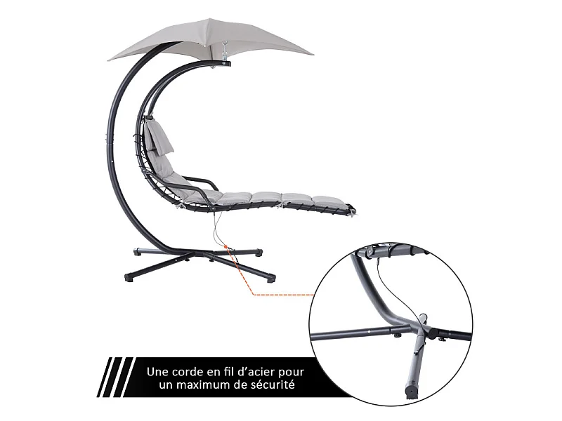 Transat d’extérieur avec matelas et pare-soleil gris.