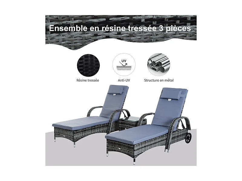 Lot de 2 bains de soleil avec table basse MARGOT gris