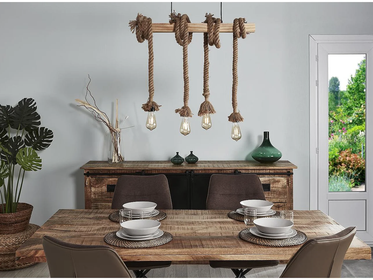 Lampe Suspension 4 Têtes "Foley" 71cm Marron