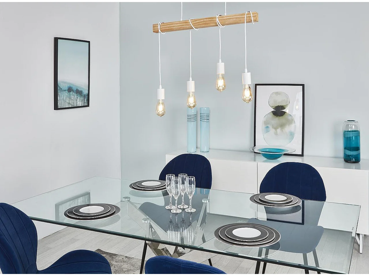 Lampe Suspension 4 Têtes "Forkland" 71cm Blanc