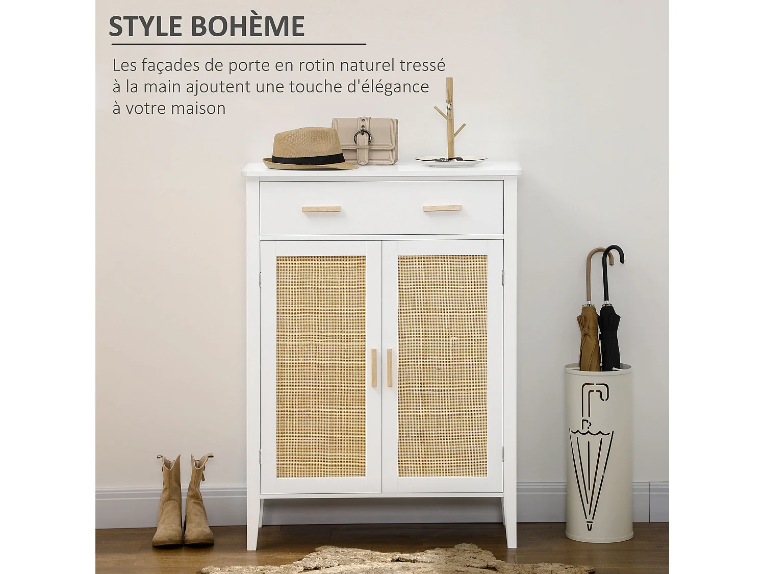 Meuble à chaussures style bohème chic - 2 portes, 3 étagères, tiroir - MDF blanc cannage rotin