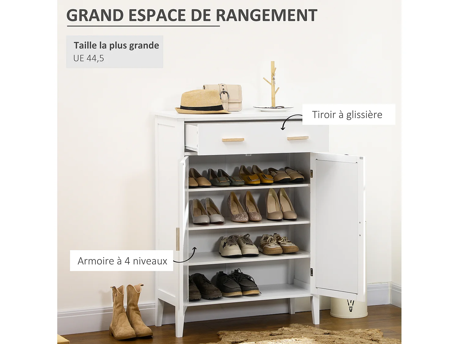 Meuble à chaussures style bohème chic - 2 portes, 3 étagères, tiroir - MDF blanc cannage rotin