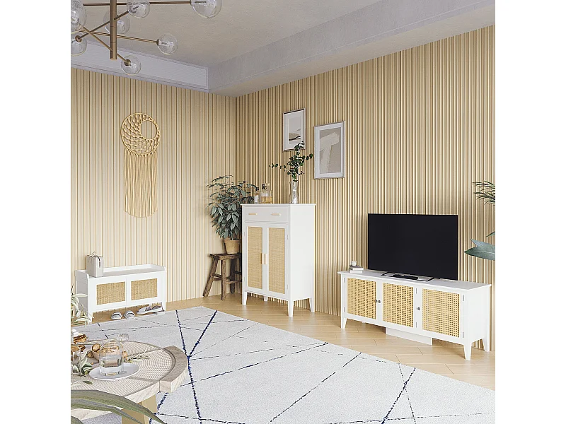 Meuble à chaussures style bohème chic - 2 portes, 3 étagères, tiroir - MDF blanc cannage rotin