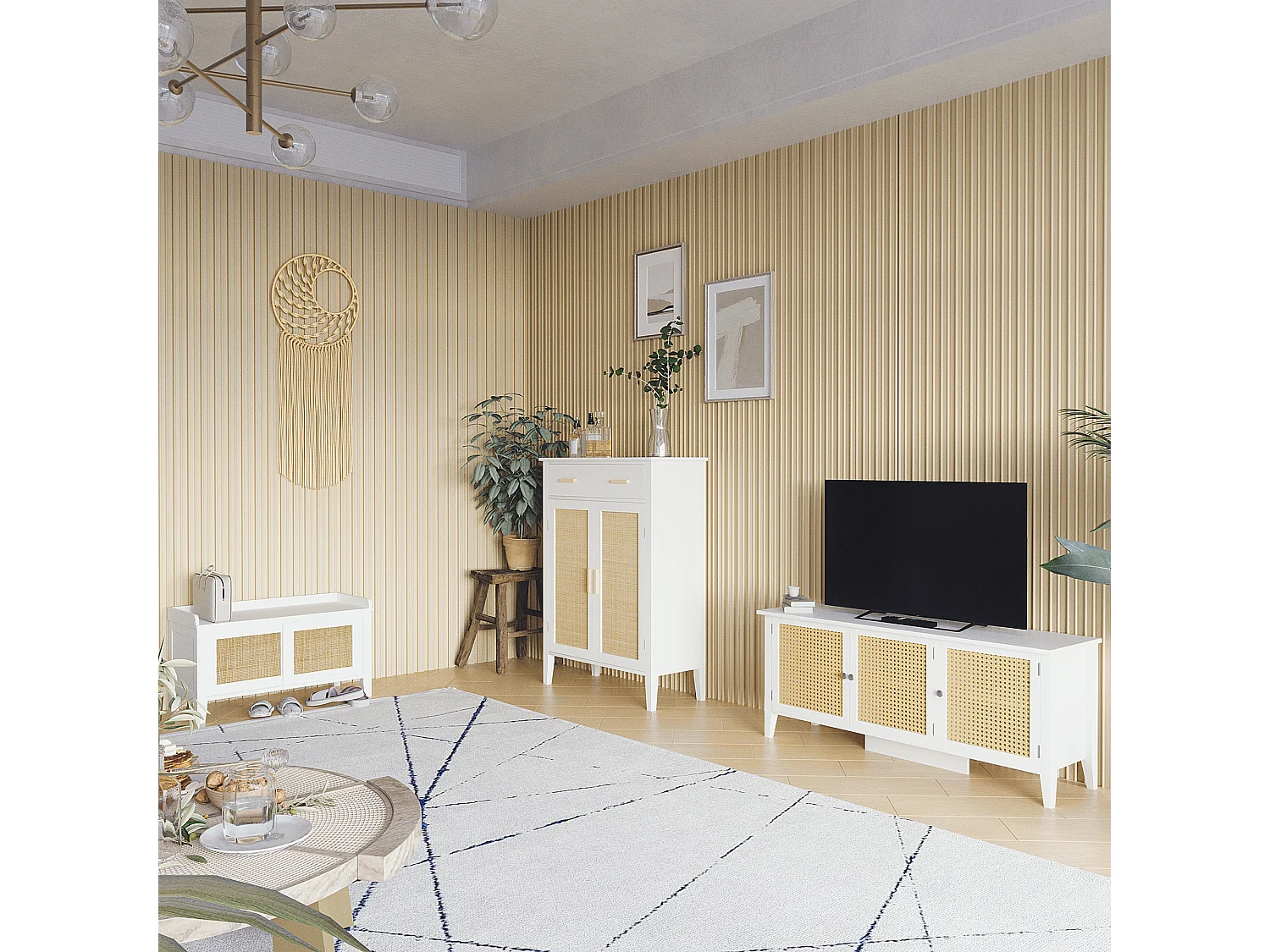 Meuble chaussures banc à chaussures 2 en 1 style bohème chic 2 portes coulissantes - MDF blanc cannage rotin