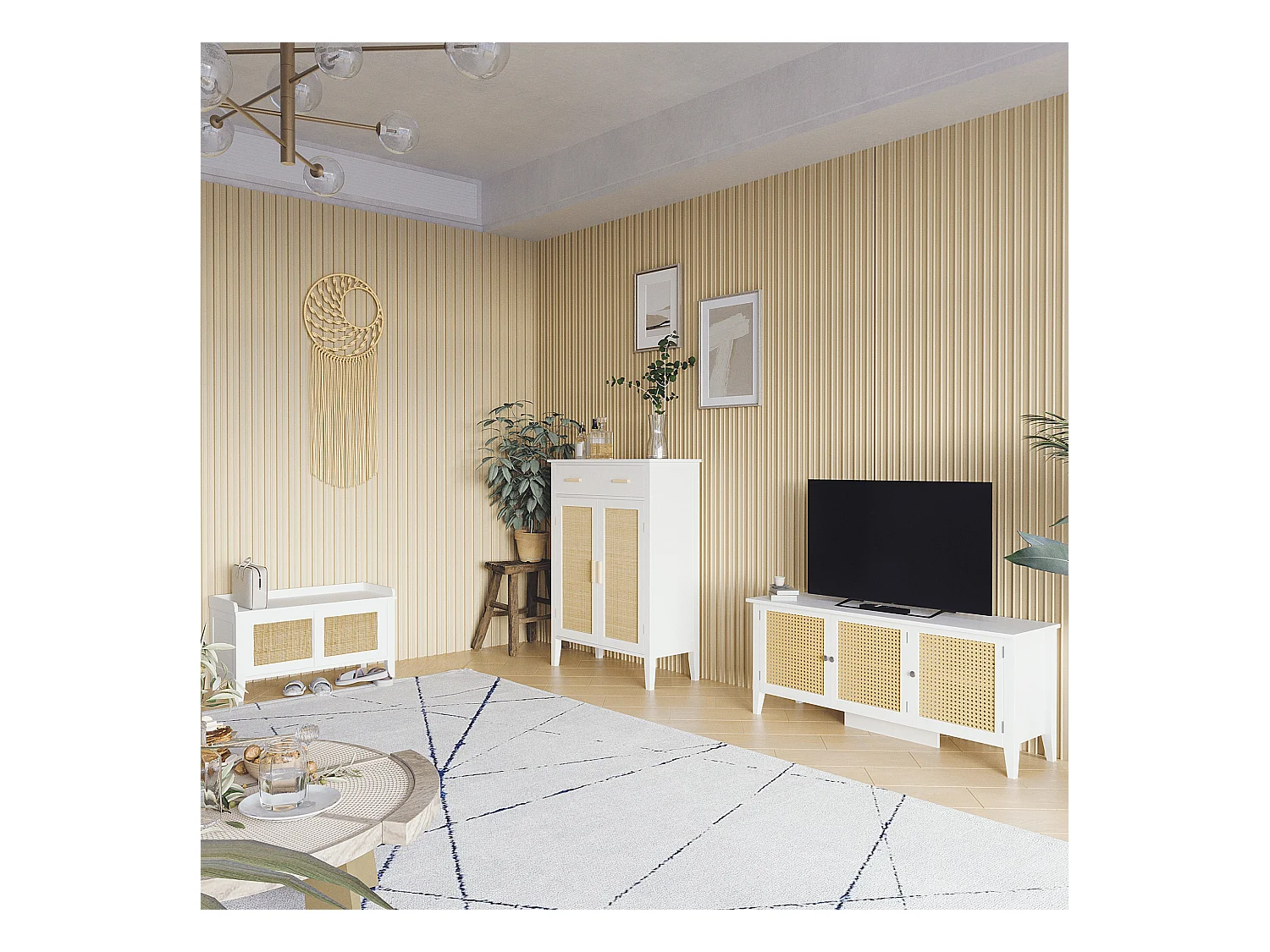 Meuble chaussures banc à chaussures 2 en 1 style bohème chic 2 portes coulissantes - MDF blanc cannage rotin