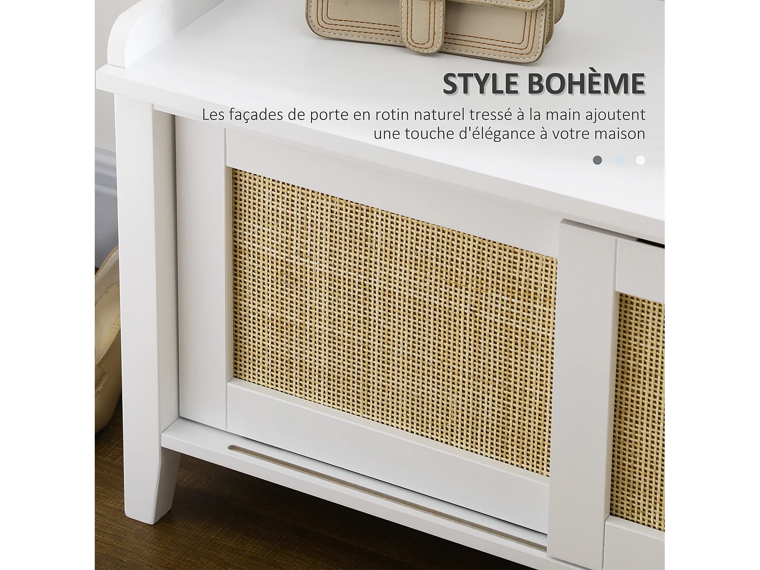 Meuble chaussures banc à chaussures 2 en 1 style bohème chic 2 portes coulissantes - MDF blanc cannage rotin