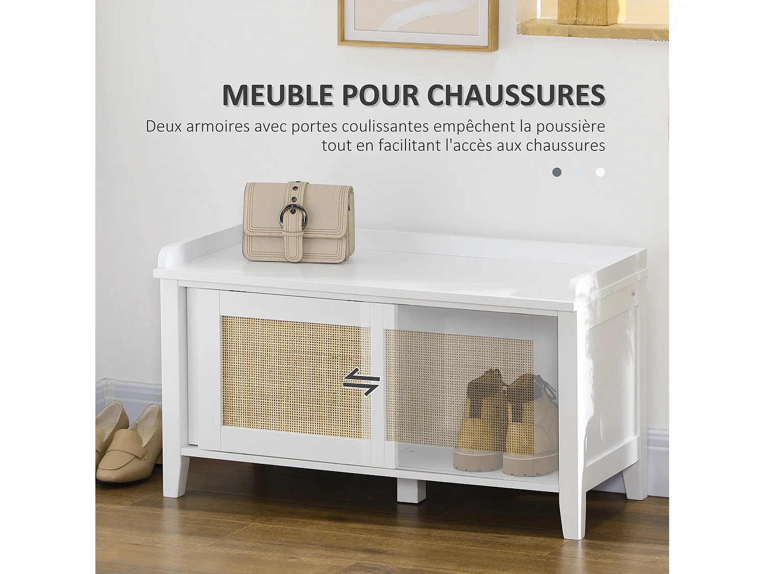 Meuble chaussures banc à chaussures 2 en 1 style bohème chic 2 portes coulissantes - MDF blanc cannage rotin