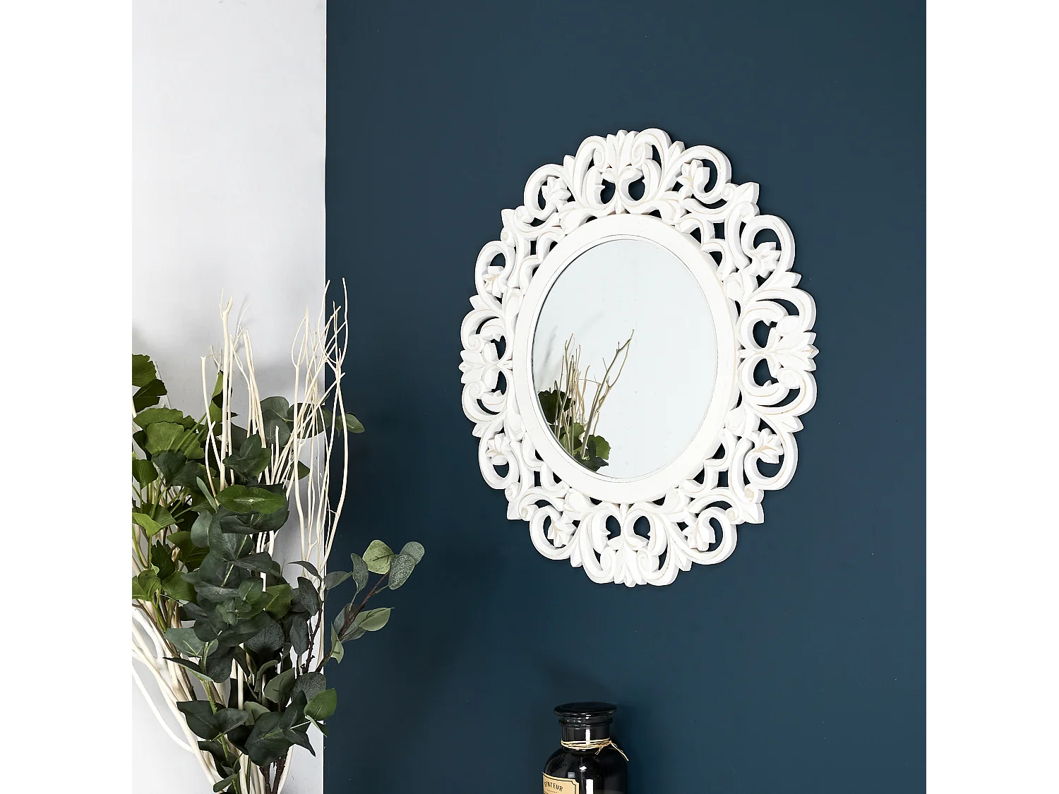 Miroir Mural en Bois Sculpté "Charme" 60cm Blanc