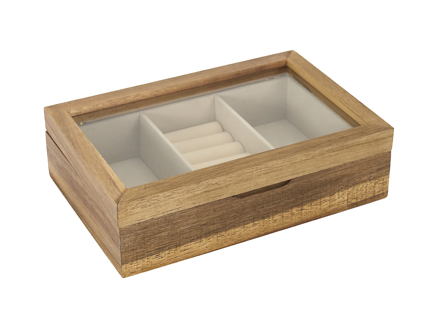 Natuurlijke Houten en Glazen "Jewels" Sieradendoos 24cm met 3 Compartimenten