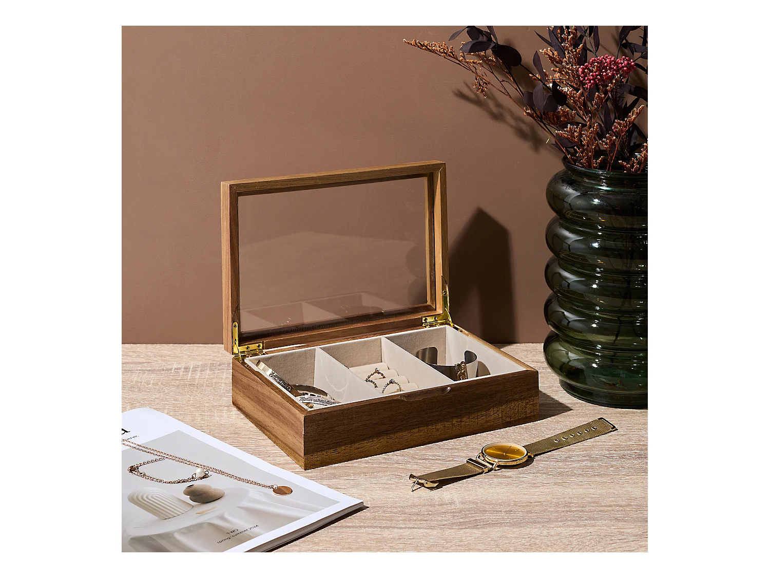 Natuurlijke Houten en Glazen "Jewels" Sieradendoos 24cm met 3 Compartimenten