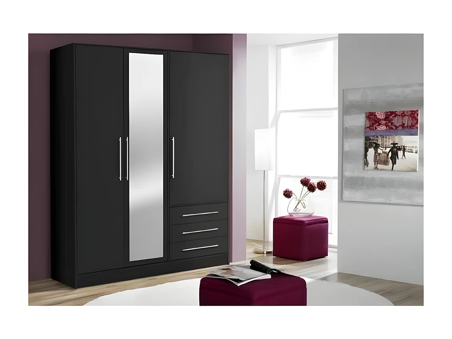 Kleiderschrank 3 Flügeltüren mit Spiegel + 3 Schubladen – Spanplattenholz – Schwarz – 144,6 x 60 x 200 cm