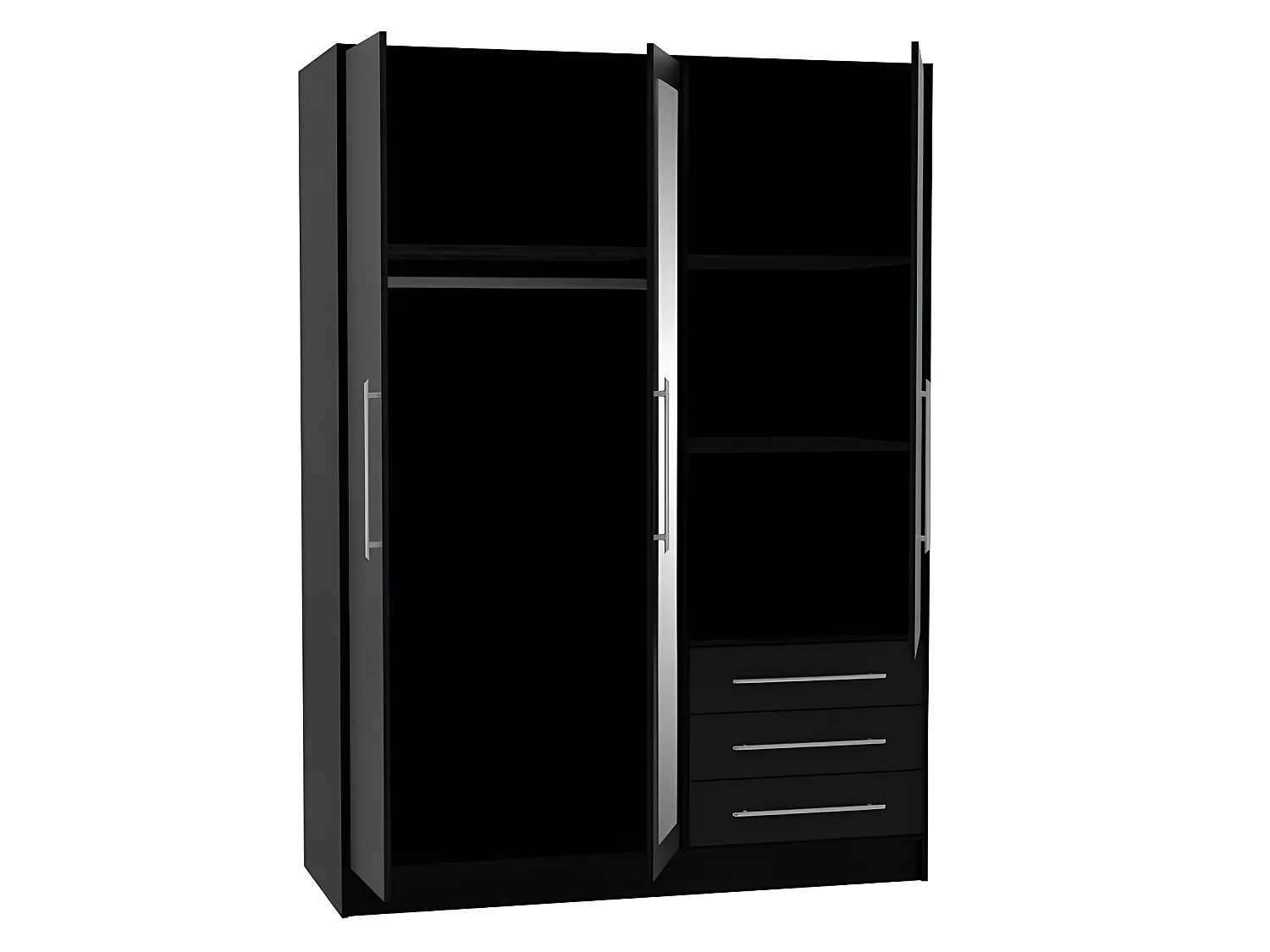 Kleiderschrank 3 Flügeltüren mit Spiegel + 3 Schubladen – Spanplattenholz – Schwarz – 144,6 x 60 x 200 cm