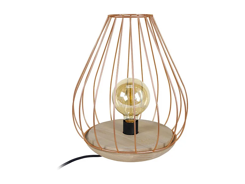 Lampe de chevet bois filaire,cuivre 35 cm.