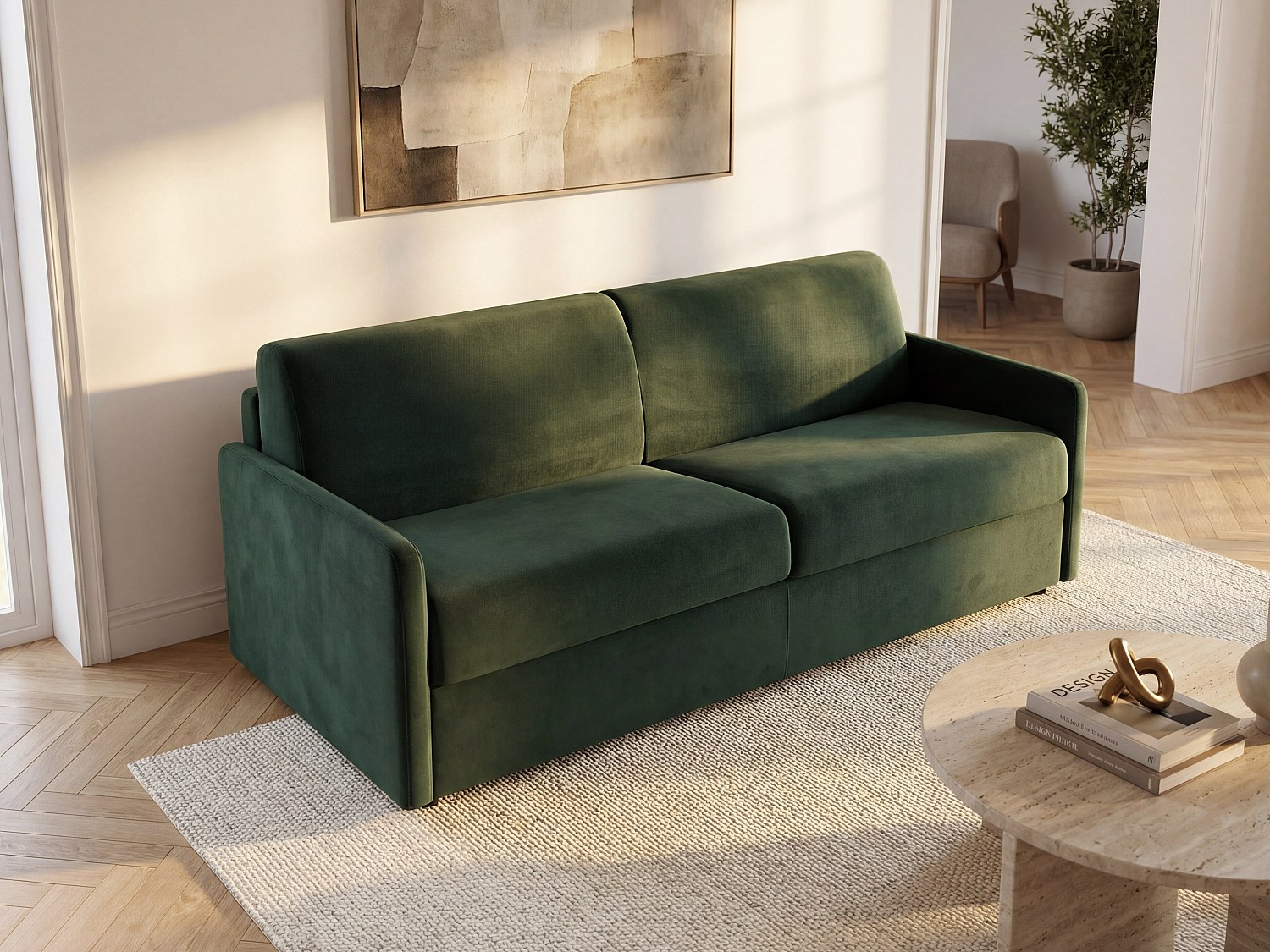Canapé 3 places convertible express en velours vert sapin - Couchage 140 cm - Matelas 14 cm CALIFE