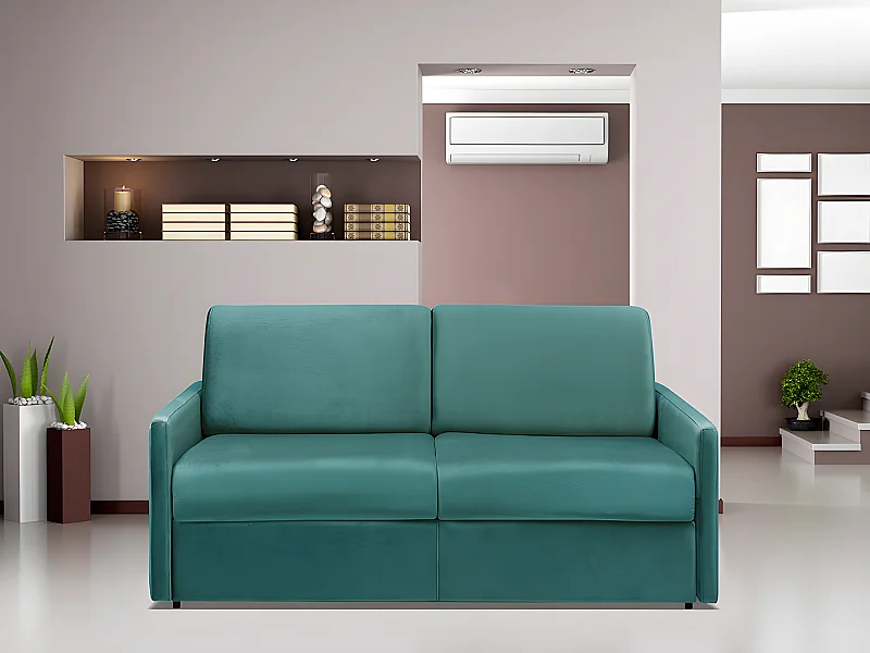 Driezits express bedbank van fluweel CALIFE - Muntgroen - tweepersoonsbed 140 cm - Matras met vormgeheugen 22 cm