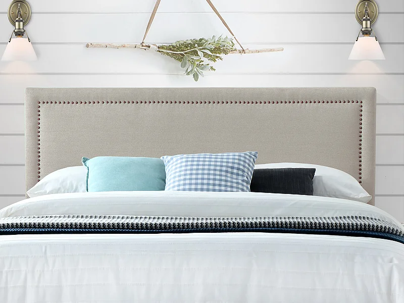 Tête de lit finition cloutée ALVISE - Tissu effet lin - 170 cm - Beige