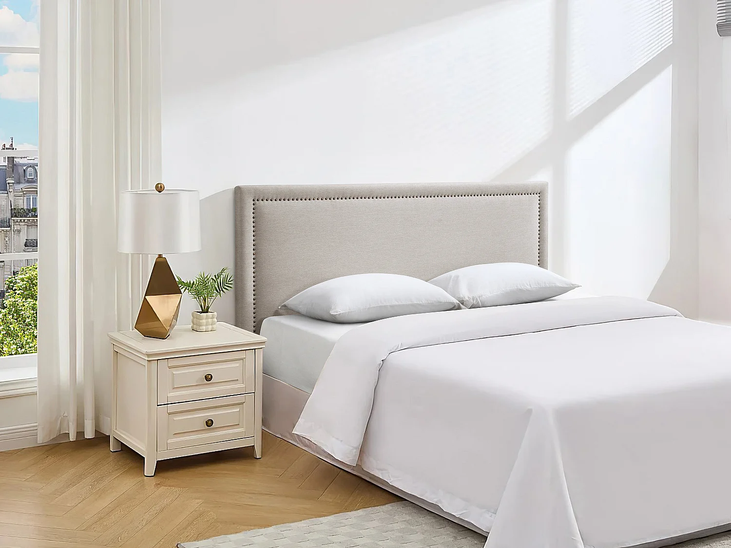 Tête de lit finition cloutée ALVISE - Tissu effet lin - 170 cm - Beige