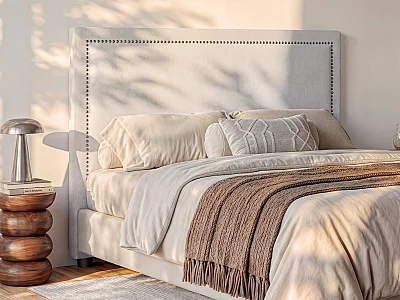 Sänggavel med nitar, 170 cm - Tyg med linneeffekt - Beige - ALVISE