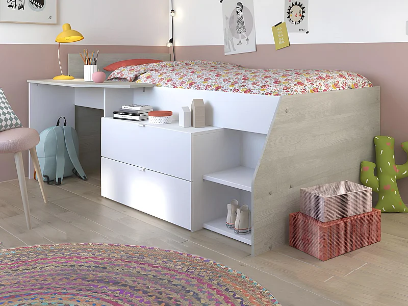 Lit avec bureau et rangements - 90 x 190/200 cm - Blanc et naturel - GISELE