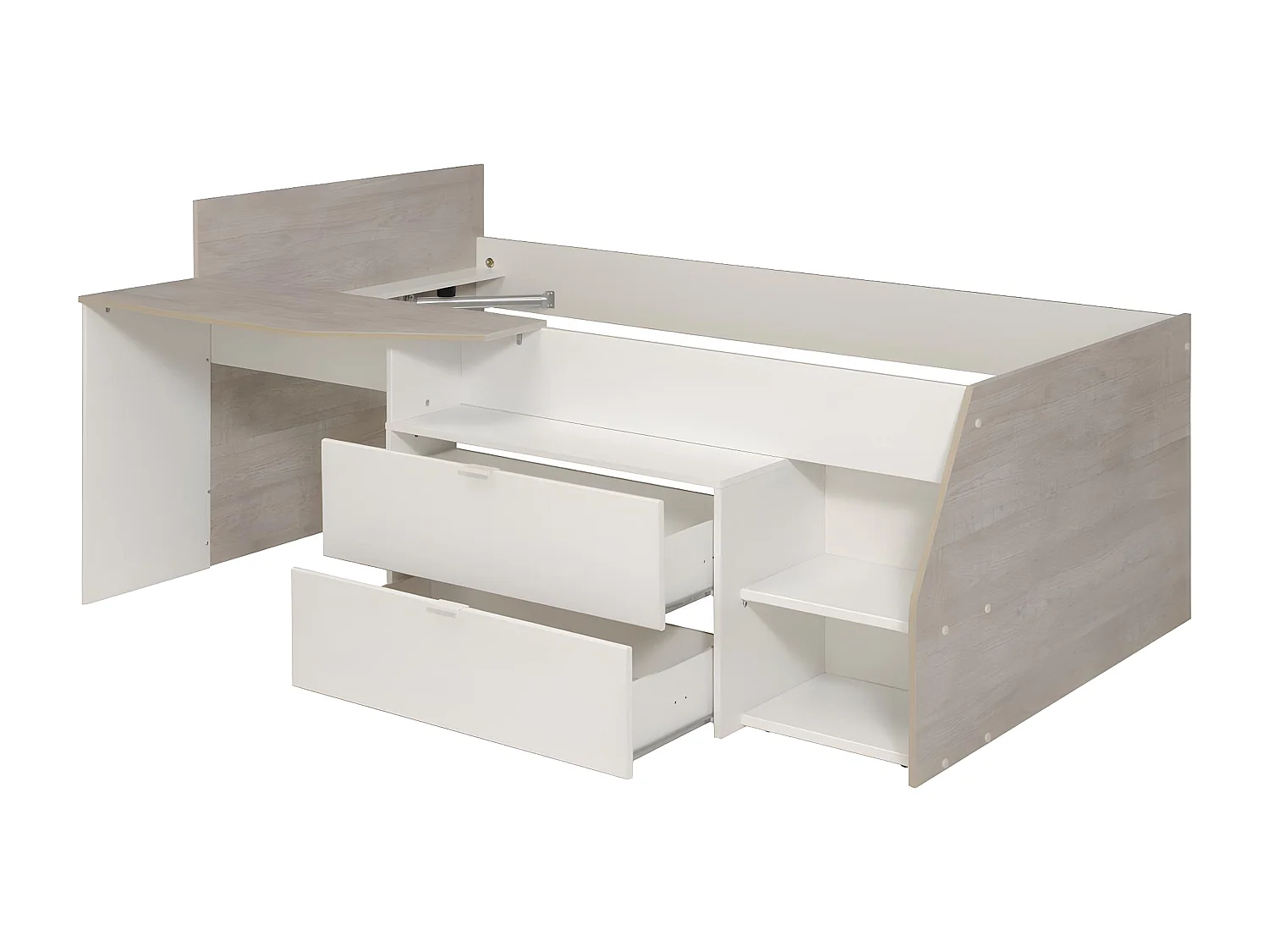 Kinderbett mit Schreibtisch & Stauraum - 90 x 190/200 cm - Weiß & Naturfarben - GISELE