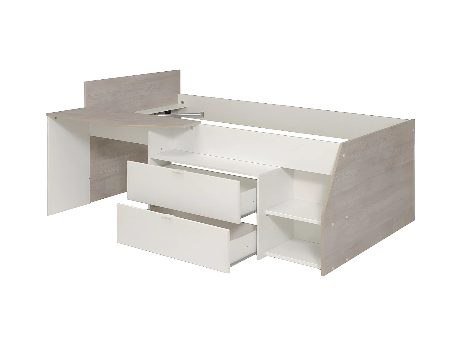 Lit avec bureau et rangements - 90 x 190/200 cm - Blanc et naturel - GISELE