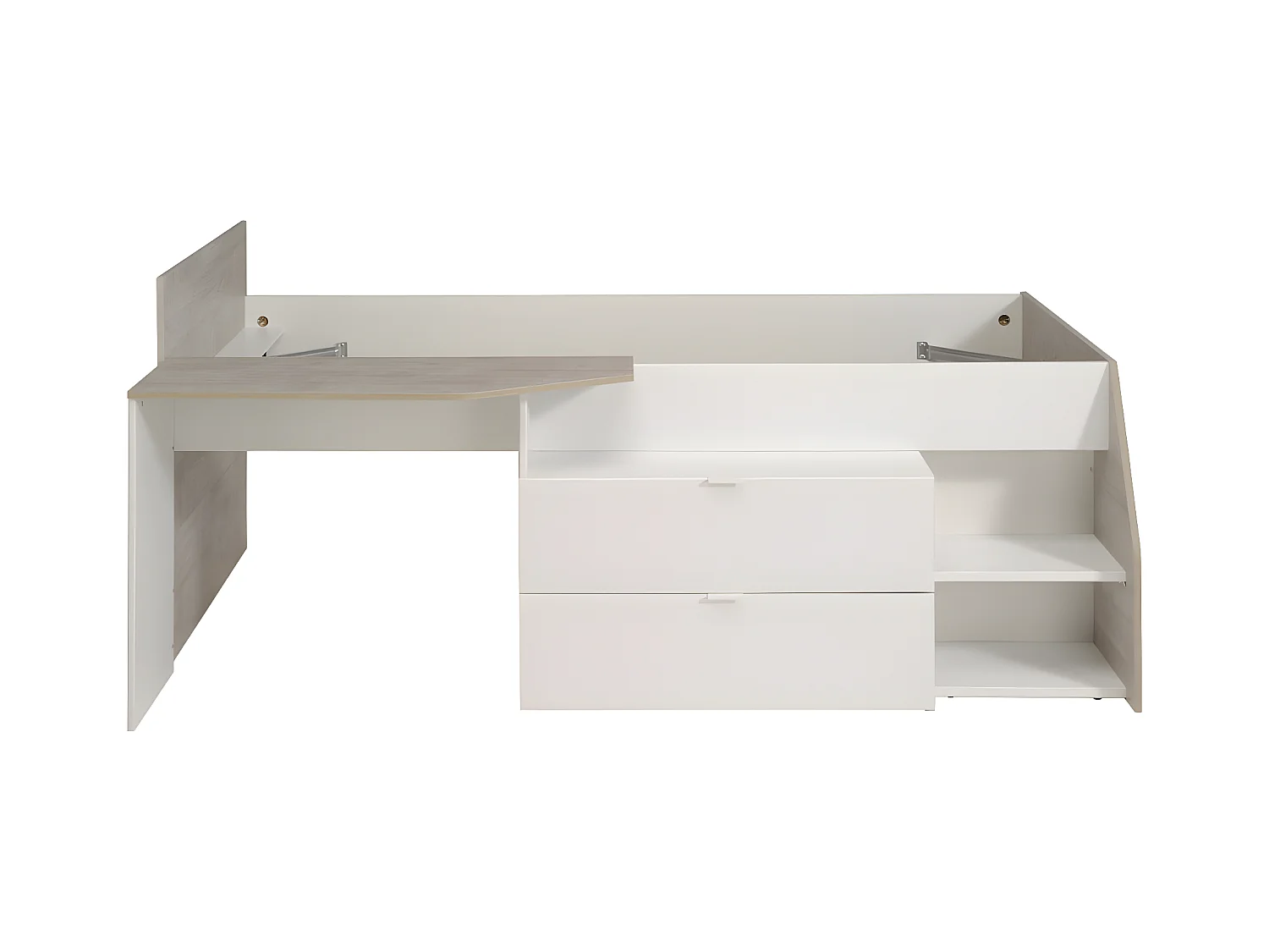 Lit avec bureau et rangements - 90 x 190/200 cm - Blanc et naturel - GISELE