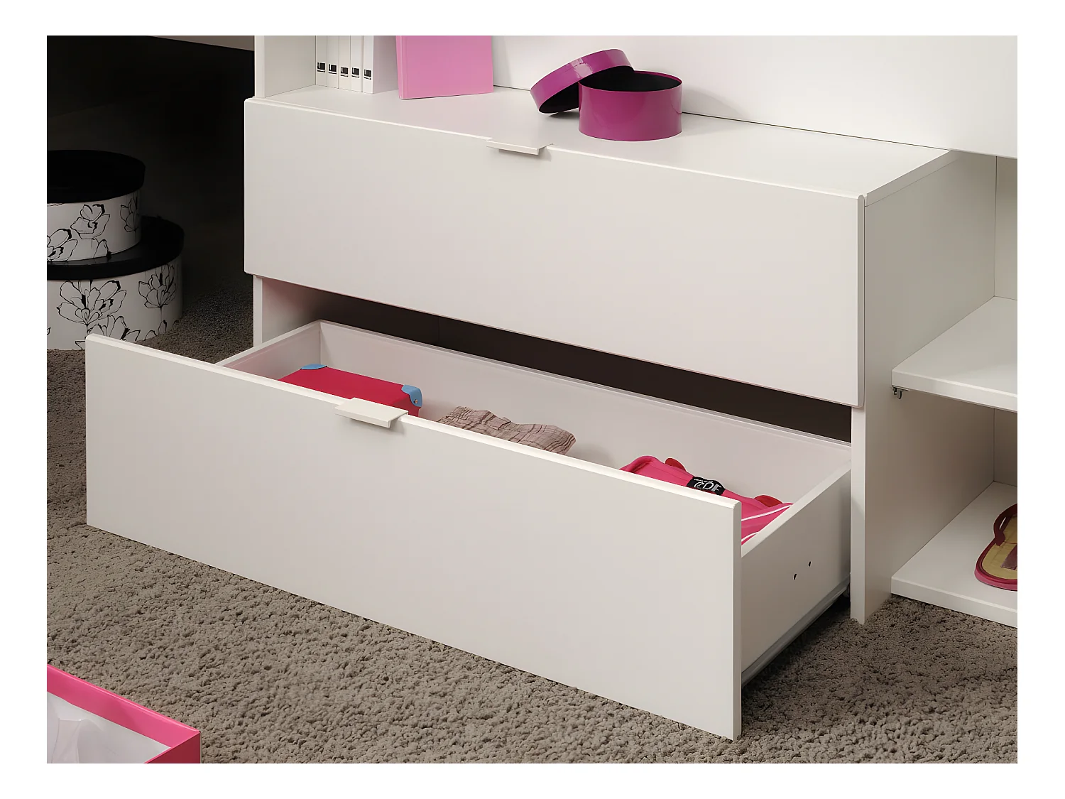 Lit avec bureau et rangements - 90 x 190/200 cm - Blanc et naturel - GISELE