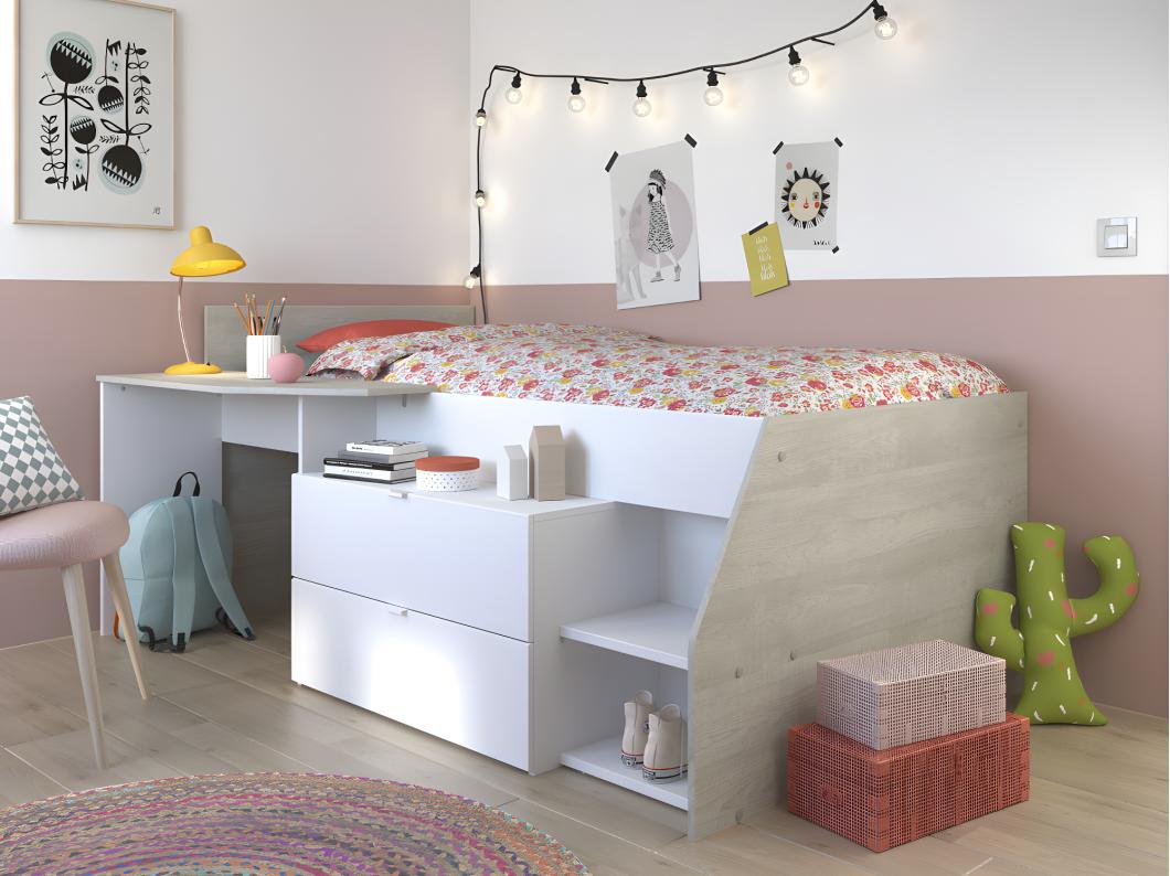 Lit avec bureau et rangements - 90 x 190/200 cm - Blanc et naturel - GISELE