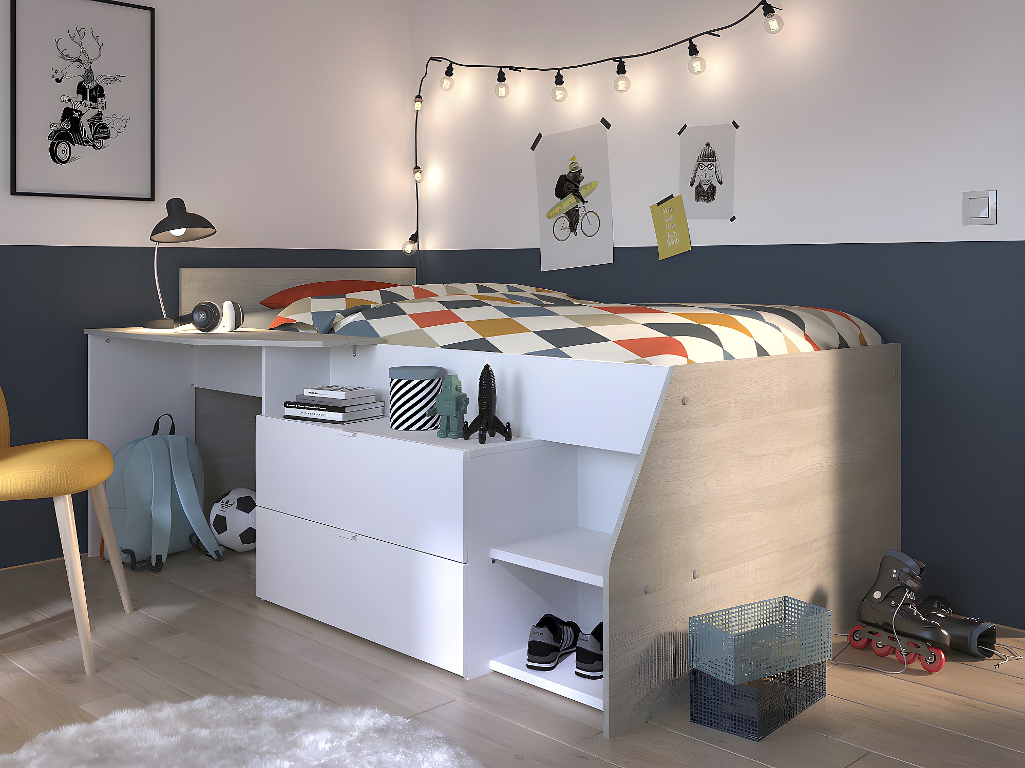 Lit Avec Bureau Et Rangements En Blanc Et Ch ne GISELE
