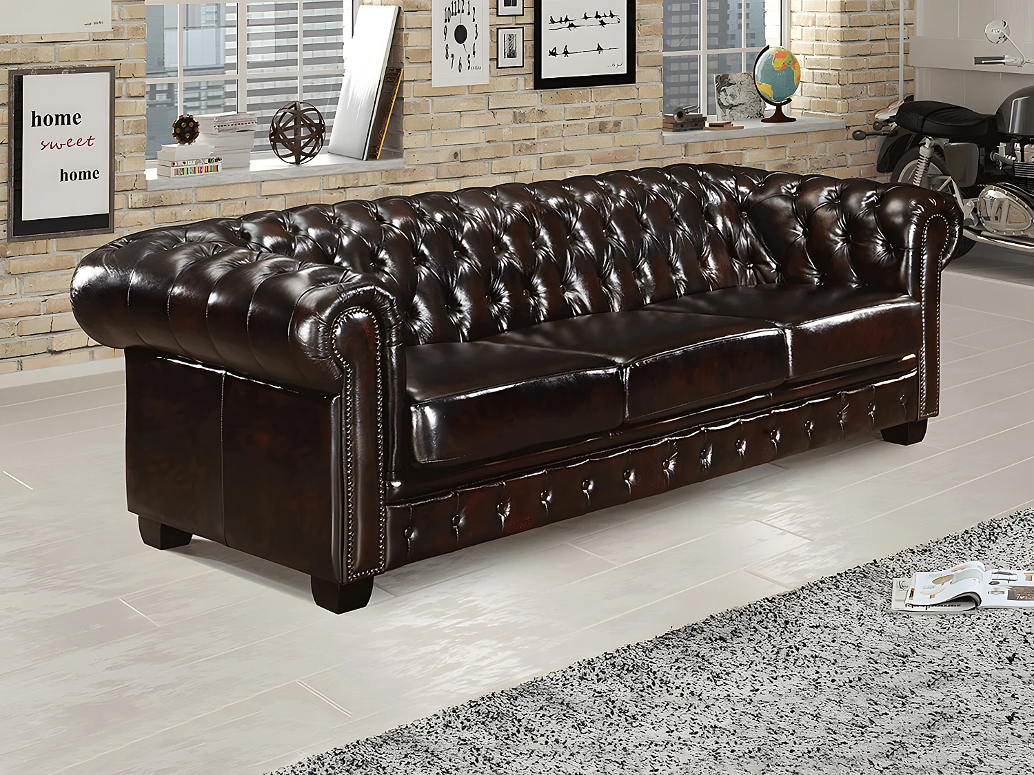 Kanapa 4-osobowa BRENTON w stylu chesterfield ze 100% bawolej skóry – kolor brązowy z kasztanowymi refleksami