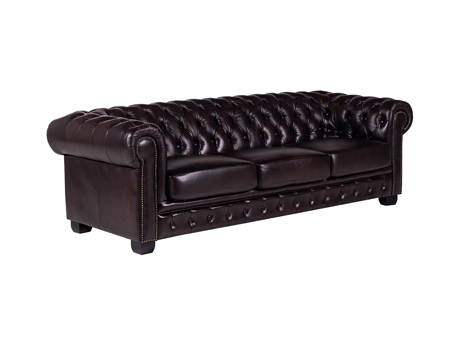 Sofá Chesterfield 4 plazas, 100% piel de búfalo BRENTON Marrón con reflejos castaño