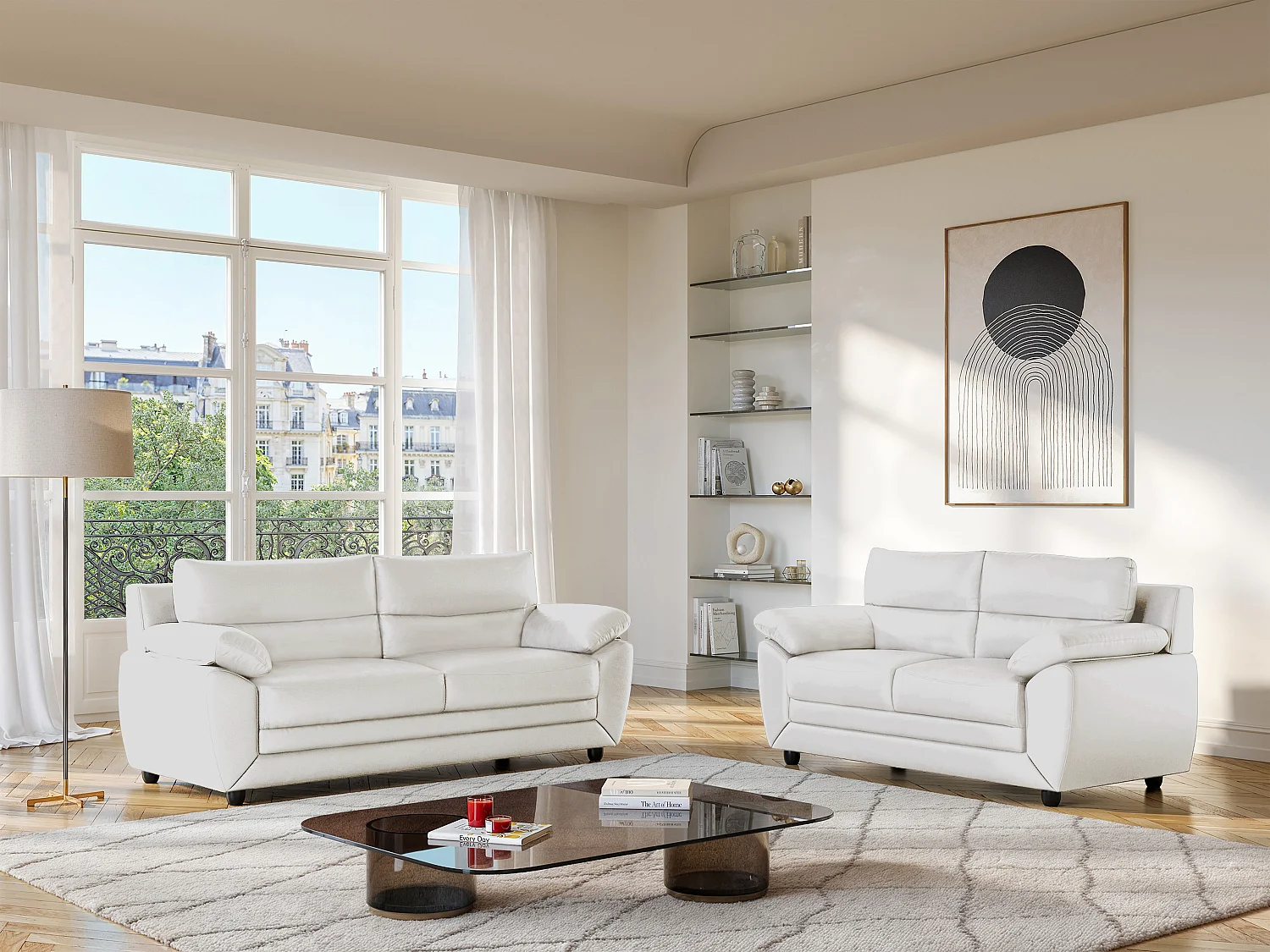 Driezits + tweezitsbank MANOA van kunstleer - Wit