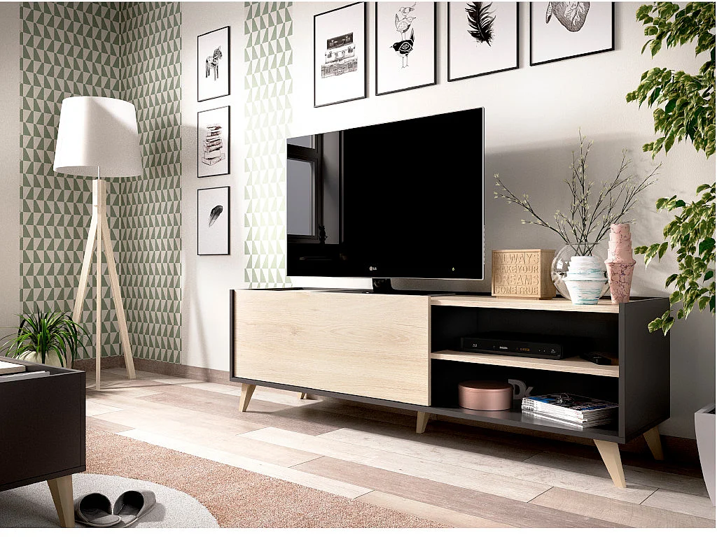 Meuble TV KOLYMA - 1 porte & 2 niches - Coloris : Chêne & Anthracite