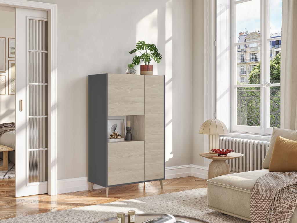 Highboard mit 3 Türen & 1 Ablage - Eichefarben & Anthrazit - KOLYMA günstig online kaufen