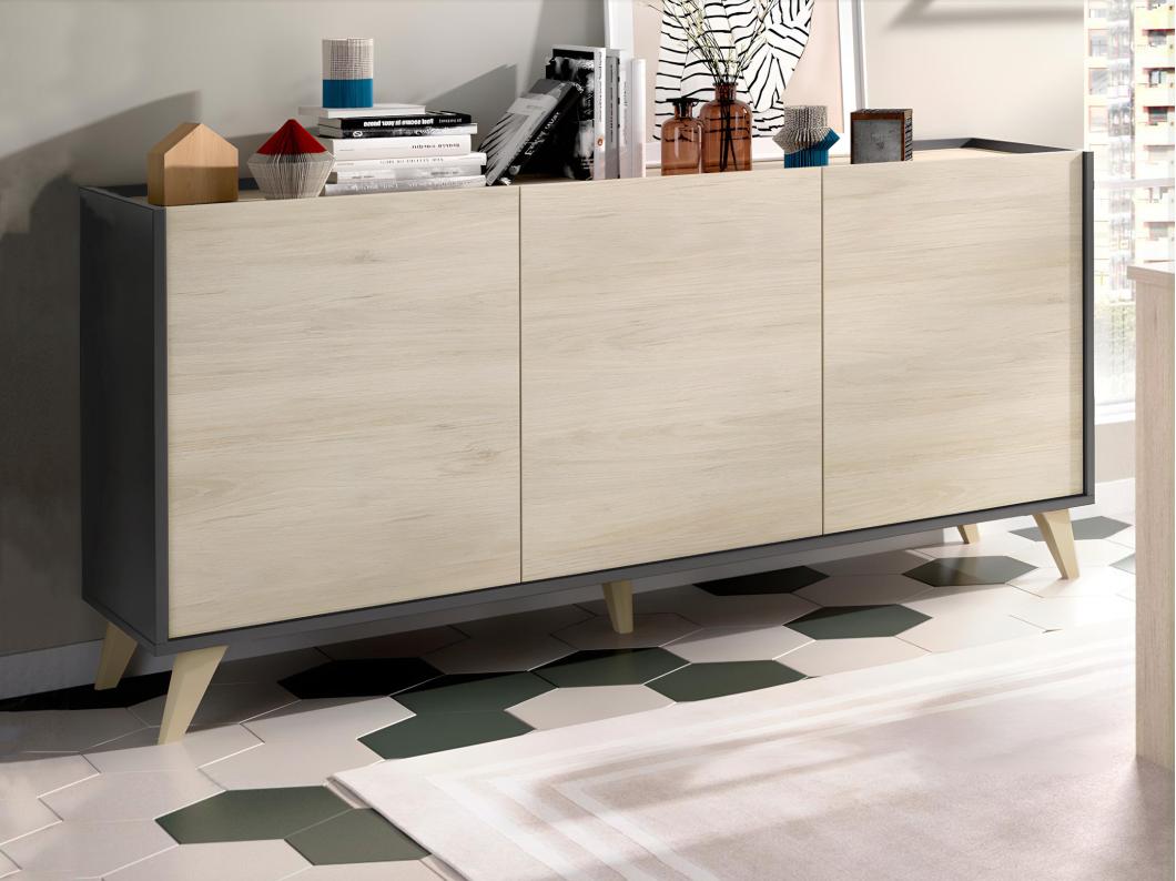 Credenza 3 ante Quercia e Antracite stile scandinavo - KOLYMA