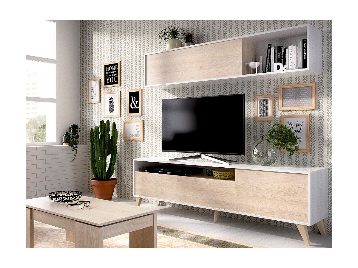Mueble TV escandinavo compartimentos ALBORA Blanco y roble