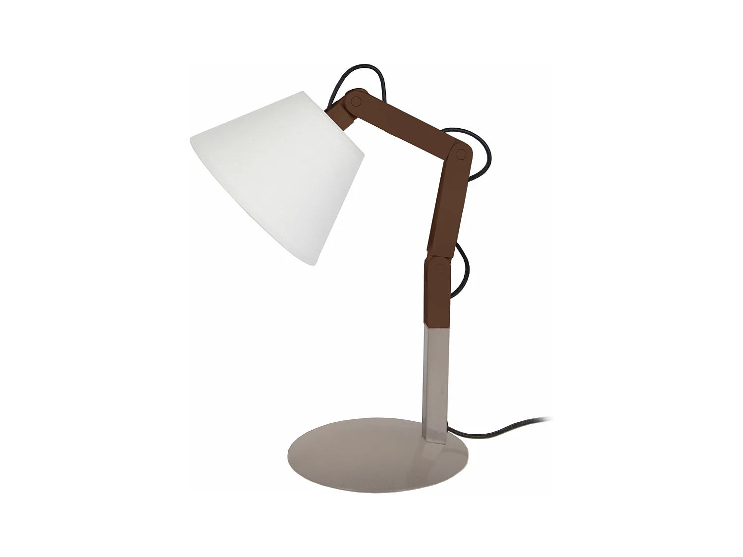 Lampe de chevet articulé curvé bois wangué,cone écru 45 cm.