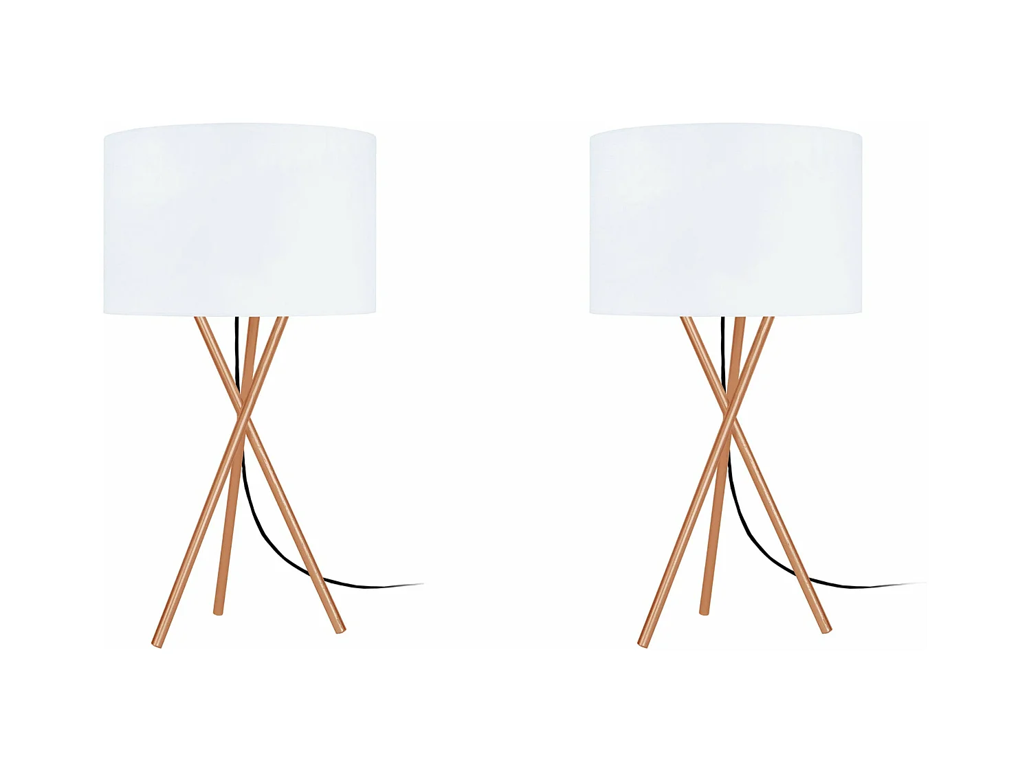 Pair de Lampes de chevet, trépied métal  cuivre,blanc 41 cm.