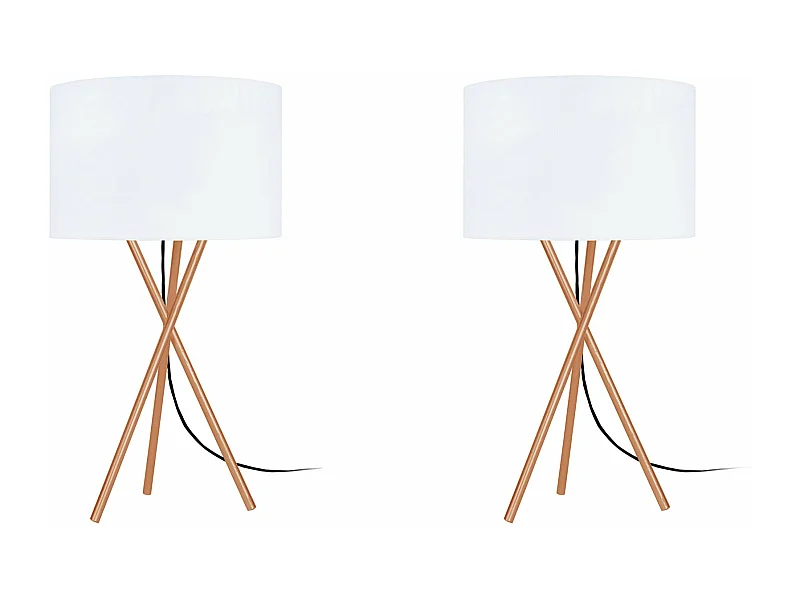 Pair de Lampes de chevet, trépied métal  cuivre,blanc 41 cm.