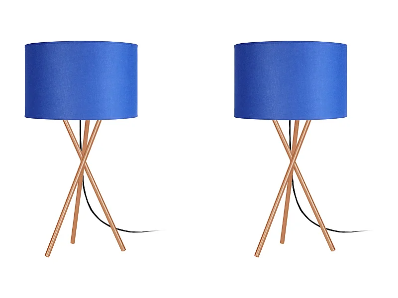 Pair de Lampes de chevet, trépied métal  cuivre,bleu 41 cm.