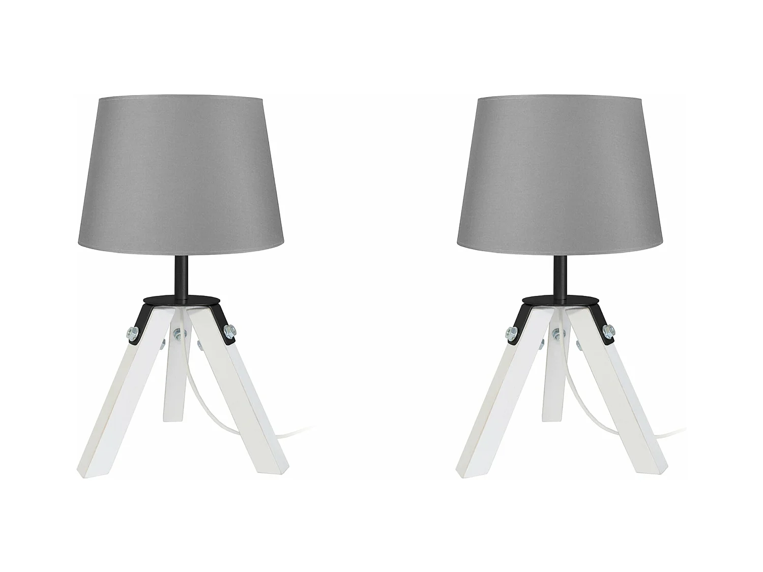 Pair de Lampes de chevet, trépied bois  naturel, blanc, gris 30 cm.