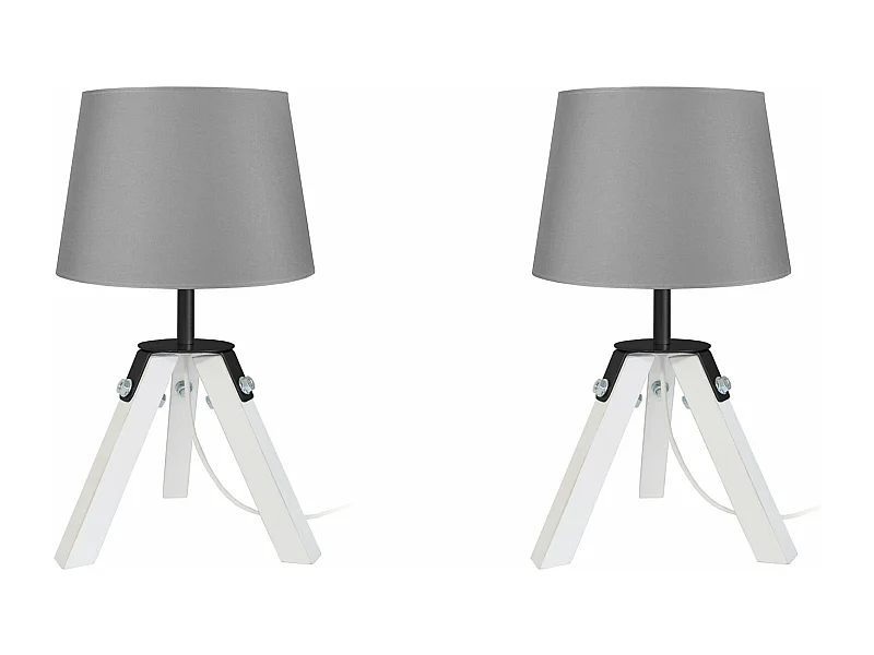 Pair de Lampes de chevet, trépied bois  naturel, blanc, gris 30 cm.